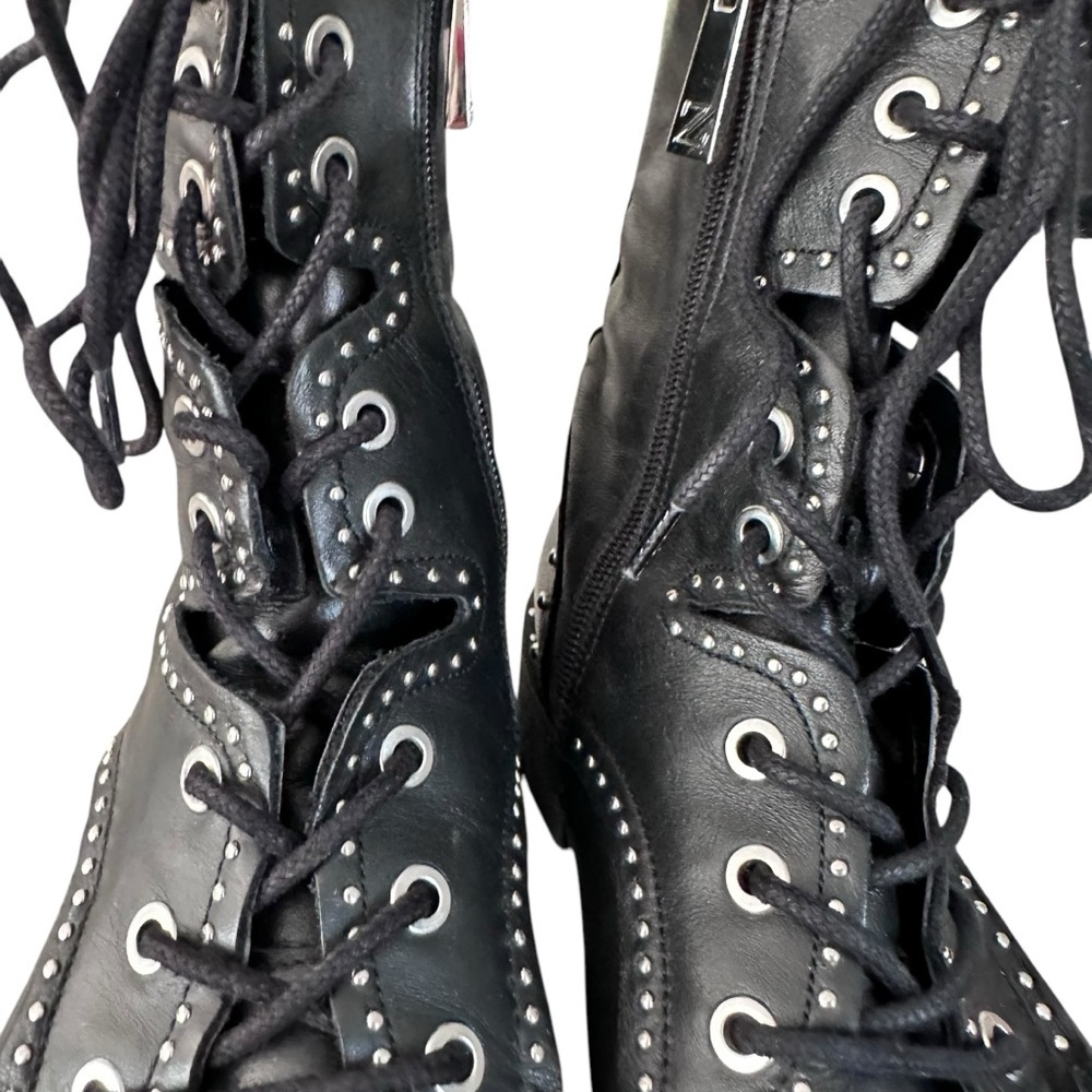 Zara Black Leather Lace Up Biker Chelsea Studded Punk Goth Ankle Boots Size 37 - Picture 12 of 15
